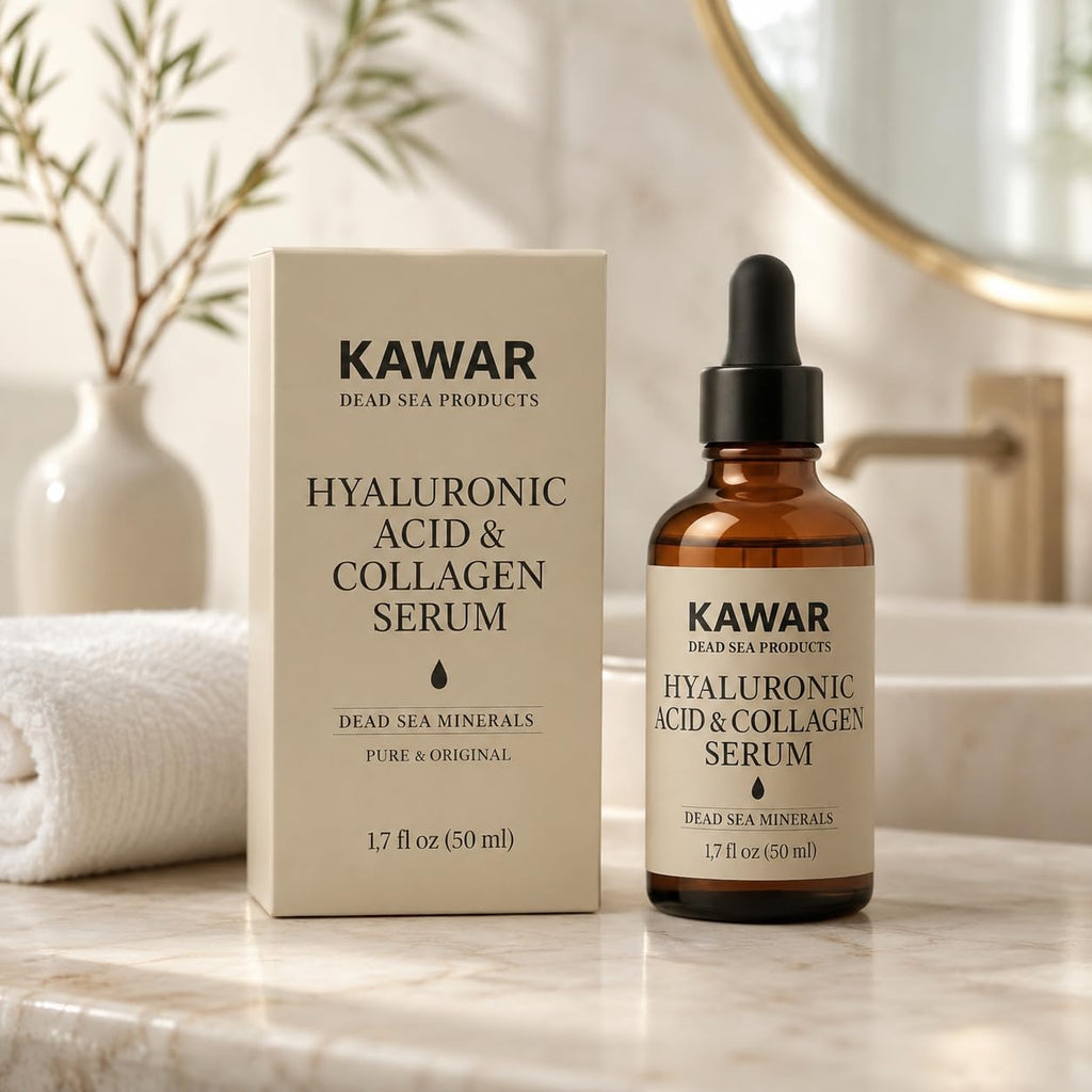 KAWAR Hyaluronic Acid Serum with Collagen & Dead Sea Minerals, 1.7 Fl Oz | Hydrating Face Serum for Women & Men with Rose Water, Frankincense, Vitamin E & B5 for a Plumper, Firmer, Smoother Look