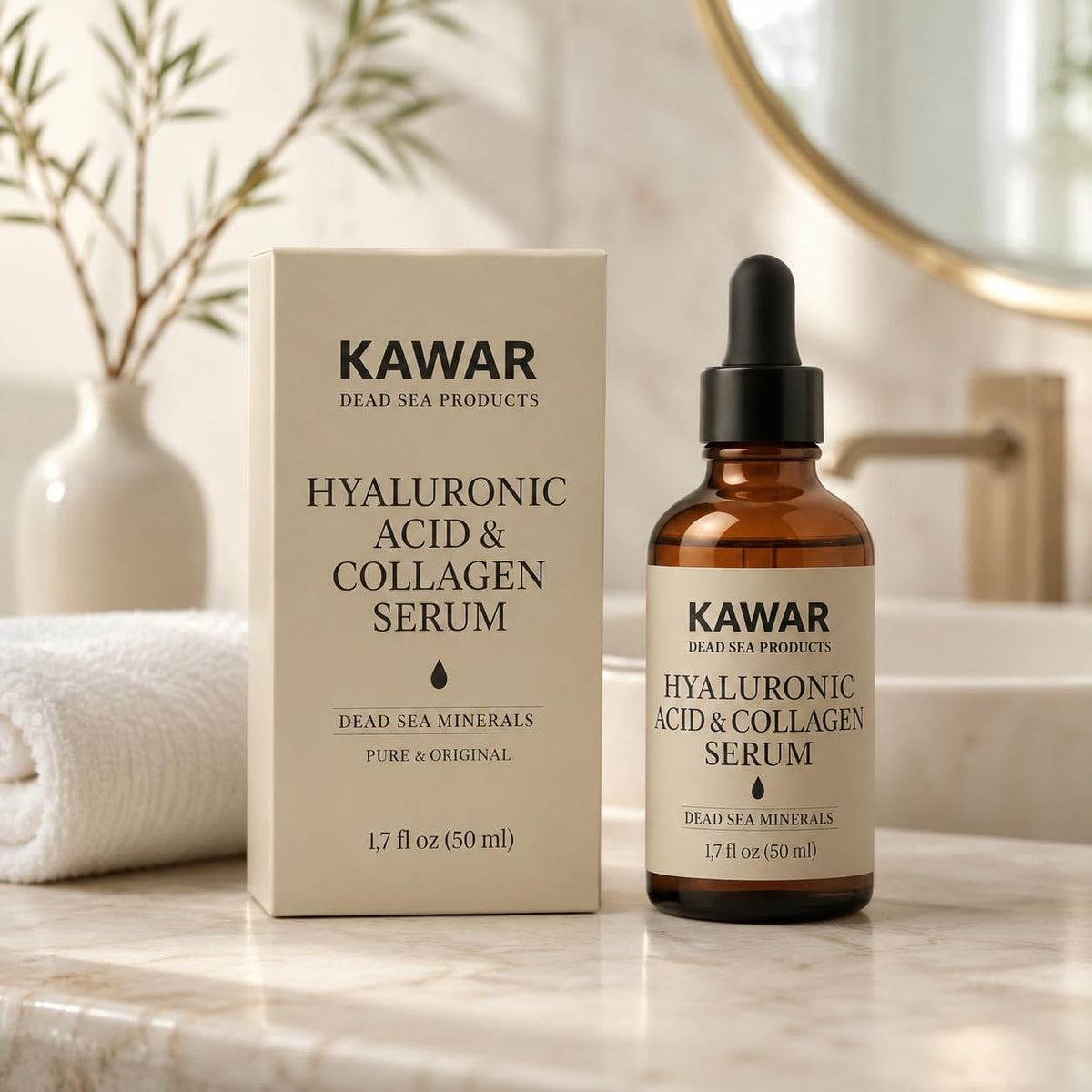 KAWAR Hyaluronic Acid Serum with Collagen & Dead Sea Minerals, 1.7 Fl Oz | Hydrating Face Serum for Women & Men with Rose Water, Frankincense, Vitamin E & B5 for a Plumper, Firmer, Smoother Look