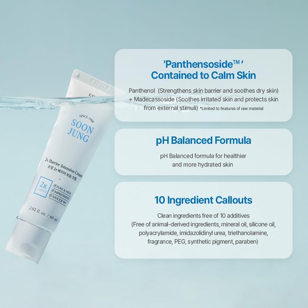 ETUDE SoonJung 2x Intensive Cream for Barrier Repair, Rich Moist, Madecassoside & Panthenol for Soothing, Face Moisturizer for Sensitive Skin, pH Balanced, Hypoallergenic, Korean Skin Care,2.02 Fl Oz