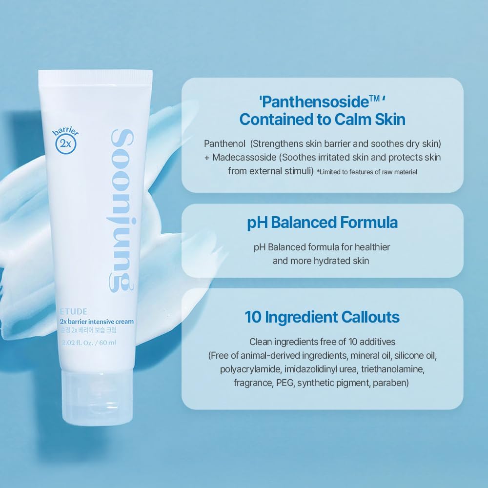 ETUDE SoonJung 2x Intensive Cream for Barrier Repair, Rich Moist, Madecassoside & Panthenol for Soothing, Face Moisturizer for Sensitive Skin, pH Balanced, Hypoallergenic, Korean Skin Care,2.02 Fl Oz