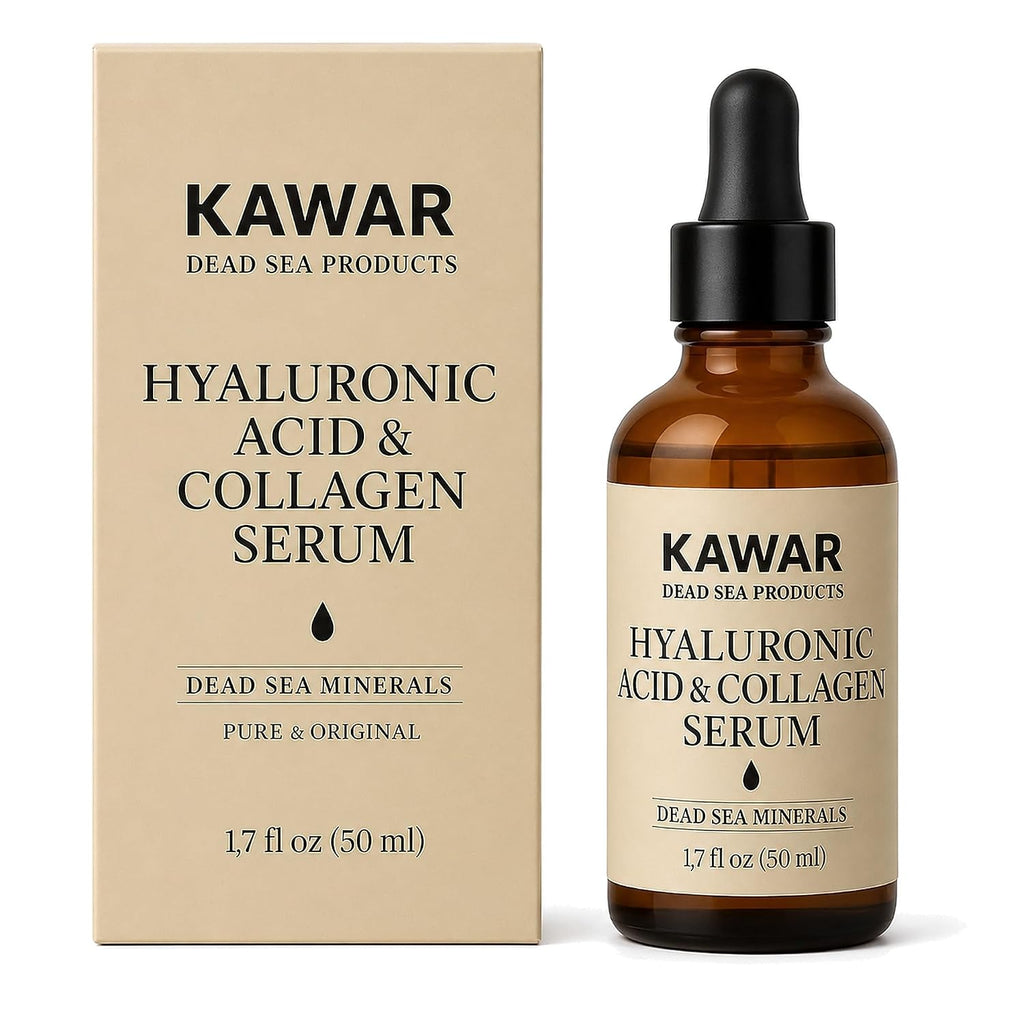 KAWAR Hyaluronic Acid Serum with Collagen & Dead Sea Minerals, 1.7 Fl Oz | Hydrating Face Serum for Women & Men with Rose Water, Frankincense, Vitamin E & B5 for a Plumper, Firmer, Smoother Look
