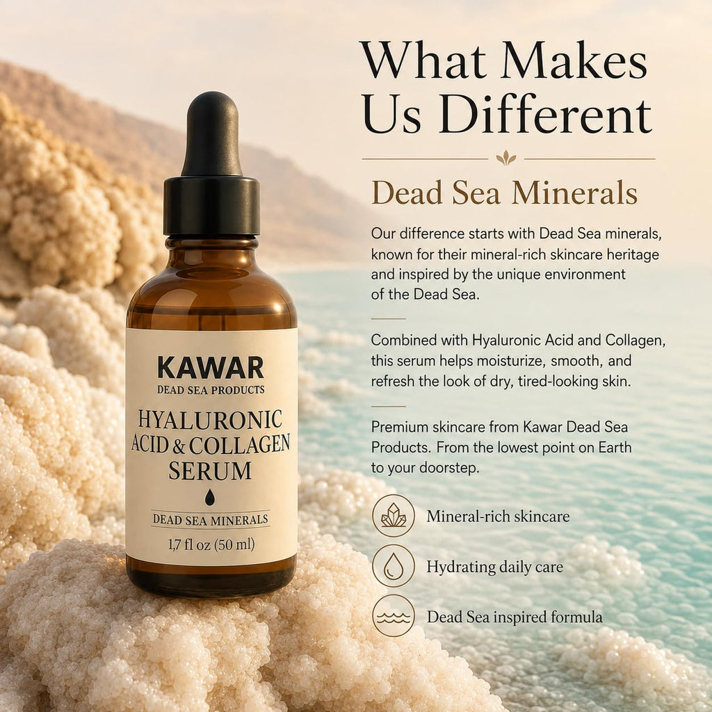 KAWAR Hyaluronic Acid Serum with Collagen & Dead Sea Minerals, 1.7 Fl Oz | Hydrating Face Serum for Women & Men with Rose Water, Frankincense, Vitamin E & B5 for a Plumper, Firmer, Smoother Look