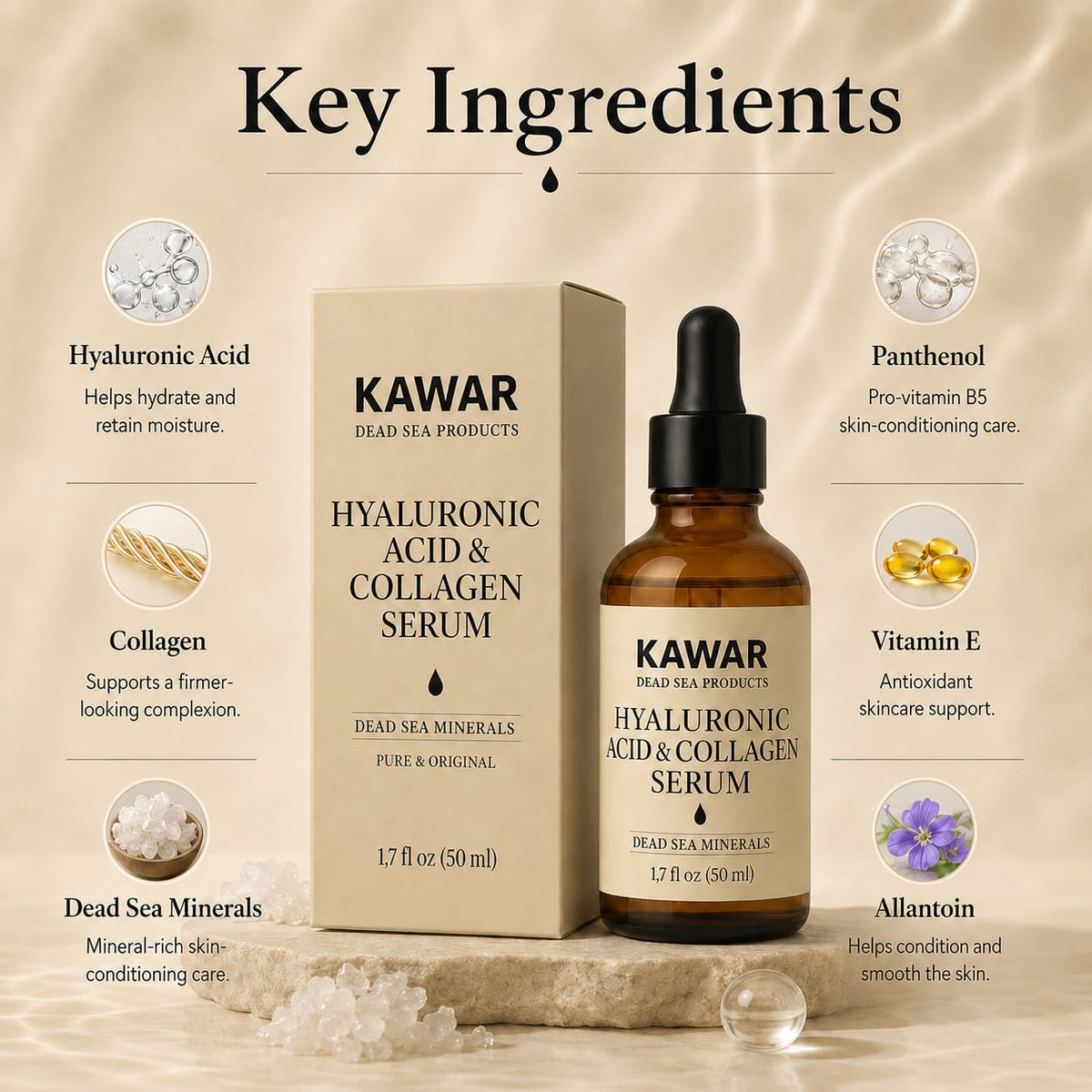 KAWAR Hyaluronic Acid Serum with Collagen & Dead Sea Minerals, 1.7 Fl Oz | Hydrating Face Serum for Women & Men with Rose Water, Frankincense, Vitamin E & B5 for a Plumper, Firmer, Smoother Look