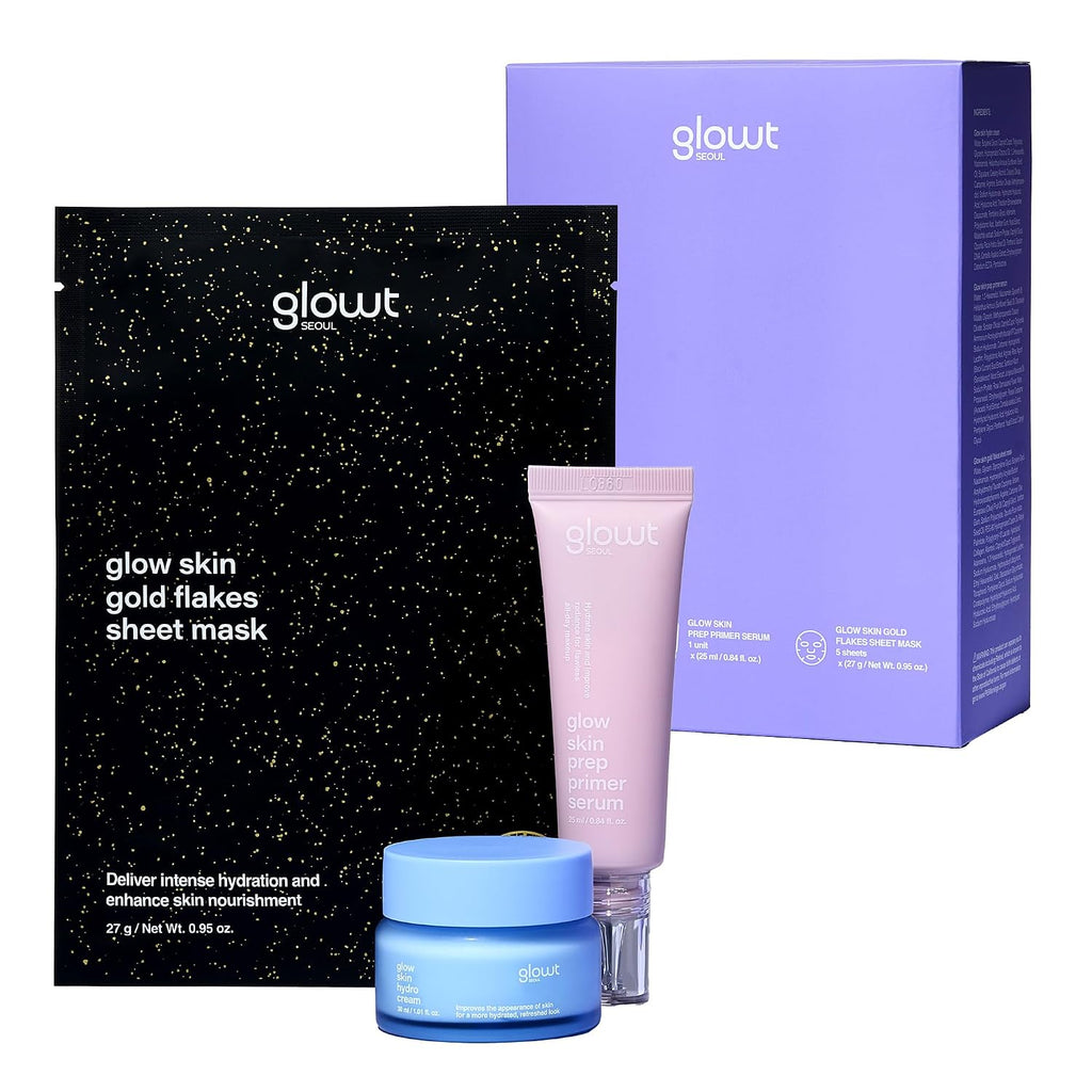 Glow Skin Trial Kit – Your Complete 3-Step Routine for Luminous, Hydrated Glass Skin | Hydro Cream + Primer Serum + Gold Flakes Mask Set