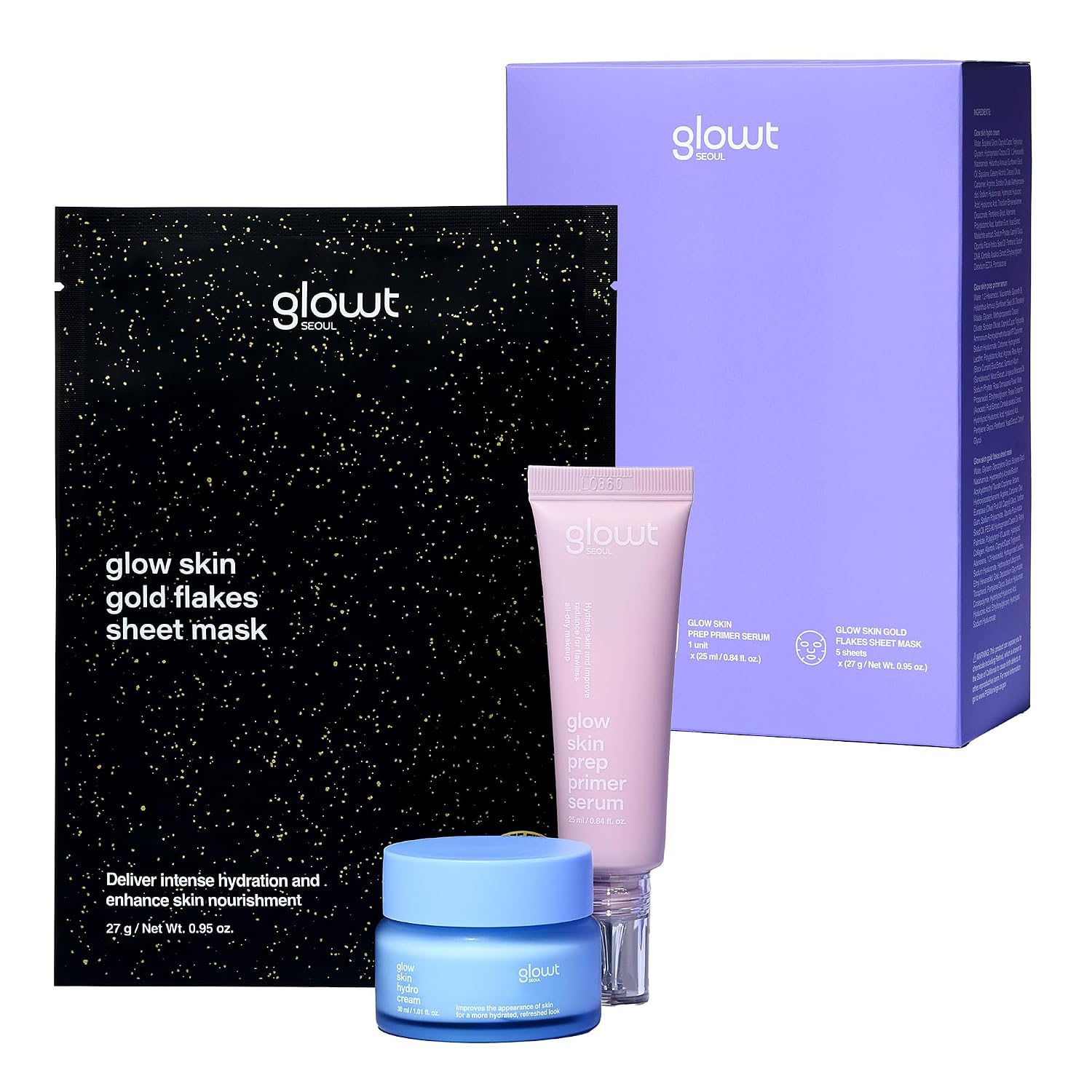 Glow Skin Trial Kit – Your Complete 3-Step Routine for Luminous, Hydrated Glass Skin | Hydro Cream + Primer Serum + Gold Flakes Mask Set