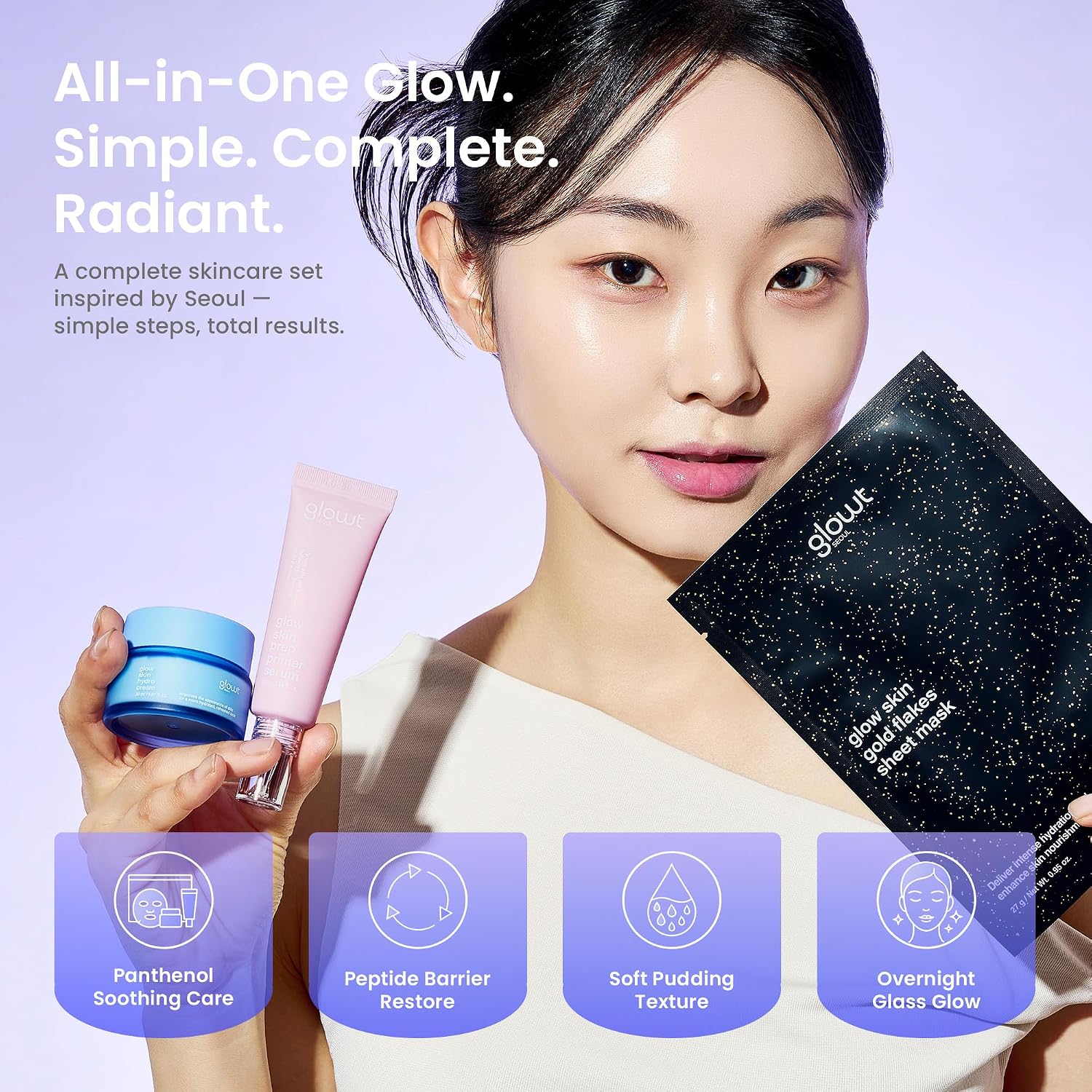 Glow Skin Trial Kit – Your Complete 3-Step Routine for Luminous, Hydrated Glass Skin | Hydro Cream + Primer Serum + Gold Flakes Mask Set
